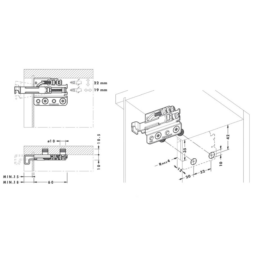 Завеса 704 с регулировкой на саморезах, левая, нагрузка 40 кг
