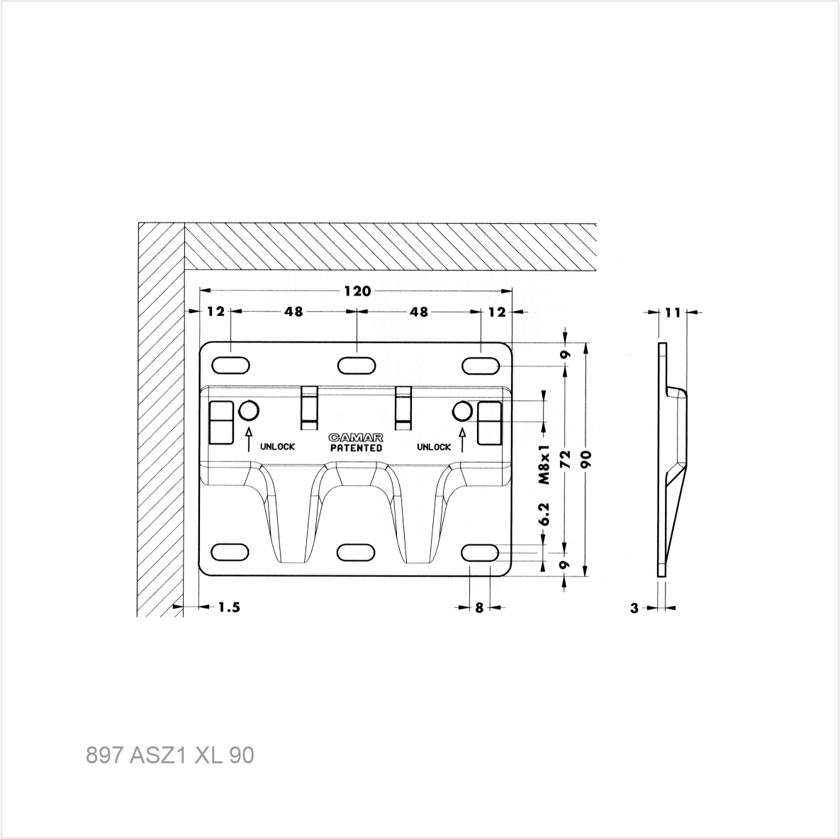 Ответная планка завесы 807 XL скрытого крепления 90*120 